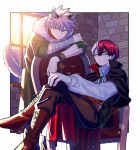  2boys animal_ears ascot bakugou_katsuki black_cape blonde_hair blue_eyes boku_no_hero_academia boots brick_wall cape commentary_request cross-laced_footwear crossed_legs full_moon grey_eyes halloween halloween_costume heterochromia highres knee_boots male_focus moon multicolored_hair multiple_boys night red_eyes red_hair rumos_115 short_hair sitting spiked_hair split-color_hair tail todoroki_shouto two-tone_hair vampire_costume white_ascot white_hair window wolf_boy wolf_ears wolf_tail 