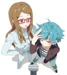  2girls :o akai_meganee blue_hair blue_pants blunt_bangs brown_hair brown_jacket collared_shirt commentary_request from_above full_body glasses hand_on_own_head hand_on_own_hip highres jacket legs_apart long_hair long_sleeves looking_at_another looking_to_the_side microphone_stand multiple_girls necktie omega_auru one_eye_closed open_mouth pants pretty_series red-framed_eyewear shirt short_hair simple_background standing striped_clothes striped_shirt suit swept_bangs tsujii_luki waccha_primagi! white_background white_jacket white_necktie white_pants white_shirt white_suit 