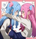  2girls ? artist_name black_thighhighs blue_bow blue_hair blue_skirt bow closed_mouth cone_huraku eye_contact face-to-face flying_sweatdrops from_side grid_background hair_bow hug incest kotonoha_akane kotonoha_aoi leg_lock light_blue_hair long_hair long_sleeves looking_at_another multiple_girls neckerchief one_side_up open_mouth outline pink_bow pink_hair pleated_skirt profile red_eyes red_neckerchief sailor_collar school_uniform serafuku shirt siblings sisters skirt speech_bubble spoken_question_mark thighhighs twitter_username voiceroid watermark white_background white_shirt yuri 