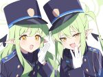  2girls black_hat black_shirt black_tail blue_archive blush demon_tail fang gloves green_hair green_halo hair_between_eyes halo hat highlander_sidelocks_conductor_(blue_archive) highlander_twintails_conductor_(blue_archive) long_hair long_sleeves looking_at_viewer multiple_girls open_mouth peaked_cap pointy_ears shirt simple_background skin_fang smile supershiruco tail twintails white_background white_gloves yellow_eyes 