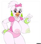 animatronic avian beak bird bow_(feature) breasts chicken dsmnup ear_piercing female five_nights_at_freddy&#039;s five_nights_at_freddy&#039;s:_security_breach galliform gallus_(genus) glamrock_chica hi_res joints lipstick looking_at_viewer machine makeup multicolored_nipples nipples phasianid piercing robot scottgames signature solo steel_wool_studios