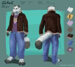 absurd_res anthro arctic_fox black_tail_tip blue_bottomwear blue_clothing blue_jeans blue_pants bottomwear brown_clothing brown_jacket brown_topwear canid canine claws closed_smile clothing denim denim_bottomwear denim_clothing dipstick_tail feet fingerless_(marking) foot_fetish foot_focus fox fur hi_res jacket jeans male mammal markings model_sheet mouth_closed pants pawpads pink_nose purple_clothing purple_shirt purple_topwear refference refseet shirt silas smile solo tail tail_markings toe_claws topwear true_fox white_body white_fur yellow_eyes