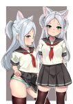  1girl :3 :d animal_ears arms_behind_back azur_lane black_skirt blush cat_ears cat_girl clothes_lift commentary_request dedorudy from_side green_eyes highres lifted_by_self long_hair looking_at_viewer midriff_peek multiple_views neckerchief panties pleated_skirt presenting red_neckerchief sailor_collar school_uniform serafuku shirt sims_(azur_lane) skindentation skirt skirt_lift slit_pupils smile standing striped_clothes striped_panties teasing thighhighs thighs underwear very_long_hair white_hair white_shirt 