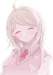  1girl ahoge akamatsu_kaede backpack bag blush closed_eyes closed_mouth collared_shirt danganronpa_(series) danganronpa_v3:_killing_harmony facing_viewer hand_up highres long_hair long_sleeves musical_note necktie pink_sweater_vest pote_(pote_39) red_necktie shirt solo sweater_vest upper_body white_shirt 