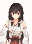  black_hair cosplay detached_sleeves haruna_(kantai_collection) haruna_(kantai_collection)_(cosplay) highres isokaze_(kantai_collection) kanpyou_(hghgkenfany) kantai_collection long_hair looking_at_viewer nontraditional_miko red_eyes smile solo 