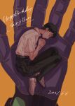  1boy absurdres closed_eyes collared_shirt dated eva_01 fetal_position full_body happy_birthday highres ikari_shinji in_palm interlocked_fingers lying male_focus matsuko_(mrimri3) neon_genesis_evangelion on_side own_hands_clasped own_hands_together pants shirt shoes sneakers solo 