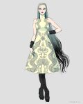  1girl black_hair boots bracelet crossed_arms crossed_legs dress earrings full_body gradient_hair grey_eyes grey_hair hand_on_own_hip high_heel_boots high_heels highres jewelry lips lipstick long_hair makeup medium_dress multicolored_hair original pale_skin sketch sleeveless sleeveless_dress smile snake_print solo spiked_bracelet spikes tassel tassel_earrings toraji very_long_hair watson_cross wrist_cuffs 