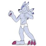 anthro bandai_namco barefoot blue_body blue_fur briefs briefs_only bulge claws clothed clothing digimon digimon_(species) feet fur fuze hi_res male purple_claws purple_eyes shadow simple_background solo teeth_showing tighty_whities topless translucent translucent_briefs translucent_clothing translucent_underwear underwear underwear_only weregarurumon white_background white_briefs white_clothing white_underwear