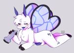 animal_humanoid antennae_(anatomy) anthro arthropod arthropod_humanoid balls black_sclera black_wings blue_antennae blue_wings duo erinnsfw fur genitals girly handjob hi_res humanoid insect insect_humanoid knot lepidopteran lepidopteran_humanoid male male/male moth neck_tuft penile penis prumkin sex solo_focus tongue tongue_out tuft white_body white_eyes white_fur wings