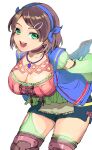  1girl blue_vest breasts brown_hair choker cleavage cross-laced_clothes green_eyes hair_ornament hairclip highres large_breasts looking_at_viewer nina_deforges open_mouth short_hair short_shorts shorts simple_background smile solo star_ocean star_ocean_the_divine_force tohri vest white_background 