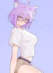  1girl absurdres ahoge animal_ears breasts brown_shorts cat_ears glasses highres hololive large_breasts midriff nekomata_okayu nokaa_aru purple_background purple_eyes purple_hair shirt shorts smile virtual_youtuber white_shirt 