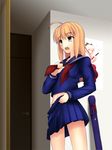  ahoge artoria_pendragon_(all) blonde_hair blurry capsule_servant depth_of_field dressing fate_(series) green_eyes indoors koha-ace master_artoria migiha navel okita_souji_(fate) okita_souji_(fate)_(all) open_mouth panties pleated_skirt poster_(object) school_uniform serafuku skirt solo underwear 