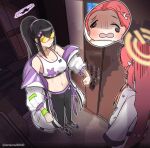  2girls black_hair blue_archive breasts elevator face_of_the_people_who_sank_all_their_money_into_the_fx_(meme) halo highres large_breasts lenslans long_hair meme midriff multiple_girls navel pants parody ponytail red_hair sidelocks sports_bra sumire_(blue_archive) sunglasses track_pants yuzu_(blue_archive) 