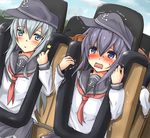  4girls @_@ akatsuki_(kantai_collection) anchor_symbol black_hair black_skirt blue_eyes blush brown_hair commentary eighth_note expressionless flat_cap folded_ponytail hat hibiki_(kantai_collection) ikazuchi_(kantai_collection) inazuma_(kantai_collection) kantai_collection long_hair long_sleeves multiple_girls musical_note open_mouth pleated_skirt ponytail scared school_uniform serafuku short_hair silver_hair skirt takemitsu-zamurai thumbs_up trembling wavy_mouth 