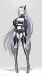  1girl absurdres armor armored_boots bare_shoulders black_gloves blue_eyes boots breasts clothing_cutout fantasy frown full_body garter_straps gloves gradient_background grey_background grey_hair hair_over_one_eye hair_ribbon hand_on_own_hip highres ikasamahideo long_hair medium_breasts original ribbon shadow shorts shoulder_cutout signature solo standing thighhighs very_long_hair 
