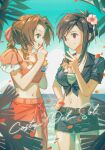  2girls aerith_gainsborough aerith_gainsborough_(floral_delight) beach belt black_hair breasts brown_hair character_charm charm_(object) cloud_strife cloud_strife_(ocean_chocobo) cloud_strife_(wild_surf) crop_top final_fantasy final_fantasy_vii final_fantasy_vii_rebirth final_fantasy_vii_remake flower front-tie_top green_eyes hair_flower hair_ornament highres multiple_girls navel ocean official_alternate_costume official_alternate_hairstyle red_eyes shir_l1 short_shorts shorts smile stomach tifa_lockhart tifa_lockhart_(majestic_glamour) 