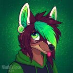 2022 anthro black_clothing black_hoodie black_nose black_topwear brown_body brown_fur brown_hair canid canine canis clothing dated domestic_dog ear_piercing emo english_text eyelashes facial_piercing fangs female fur fur_markings gauged_ear german_shepherd green_background green_clothing green_eyes green_hair green_hoodie green_inner_ear green_theme green_topwear hair heart_catchlight herding_dog highlights_(coloring) hoodie mammal markings multicolored_hair nintheclipse pastoral_dog piercing sadie_(nintheclipse) scene_haircut simple_background smile solo teeth text tongue tongue_out topwear two_tone_hair two_tone_hoodie xd