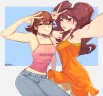  2girls armpits bare_shoulders blush brown_eyes brown_hair camisole choker closed_mouth collarbone commission cowboy_shot denim dress earrings hair_between_eyes hand_up heart heart_necklace highres in-franchise_crossover jeans jewelry kujikawa_rise l4wless lips long_hair looking_at_viewer midriff_peek multiple_girls necklace official_alternate_costume one_eye_closed orange_dress pants parted_lips persona persona_3 persona_4 pink_camisole pink_nails selfie short_hair sleeveless sleeveless_dress smile takeba_yukari twintails twitter_username v 