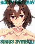  1girl animal_ears armpits bare_shoulders blush breasts brown_hair character_name cleavage commentary_request ear_ornament grin hair_between_eyes happy_birthday heart heart_hands horse_ears horse_girl large_breasts long_hair looking_at_viewer multicolored_hair norizou red_eyes simple_background sirius_symboli_(umamusume) smile solo streaked_hair umamusume upper_body white_background white_hair 