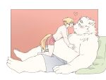 2024 anthro belly big_belly blush canid canine canis clothing domestic_dog duo heart_symbol hi_res inunoshippo kemono male mammal moobs nose_kiss overweight overweight_male simple_background sitting size_difference underwear