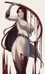  1girl 50x48x48 artist_name belt black_hair black_pantyhose bleach bleach:_sennen_kessen-hen blood blood_drip blood_on_clothes blood_on_face blood_on_weapon blood_splatter blood_stain blue_eyes breasts cleavage green_belt highres holding holding_sword holding_weapon jacket large_breasts long_hair mature_female pantyhose side_slit simple_background skirt solo sternritter sword unohana_retsu weapon white_background white_jacket white_skirt 