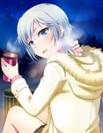  anastasia_(idolmaster) blue_eyes doseki_udon hot_drink idolmaster idolmaster_cinderella_girls open_mouth parka short_hair silver_hair smile solo 