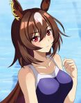  1girl animal_ears bare_shoulders blue_one-piece_swimsuit blush breasts closed_mouth commentary_request ear_ornament highres horse_ears horse_girl large_breasts long_hair masasim multicolored_hair one-piece_swimsuit pool red_eyes sirius_symboli_(umamusume) solo streaked_hair swimsuit umamusume upper_body very_long_hair white_hair 