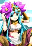  armlet blue_eyes blue_hair breasts circlet cleavage facial_mark flower forehead_mark hair_flower hair_ornament hands_on_headwear jewelry long_hair lotus medium_breasts navel necklace open_mouth parvati_(p&amp;d) puzzle_&amp;_dragons solo twitter_username yamanashi_taiki 