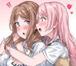  2girls bang_dream! bang_dream!_it&#039;s_mygo!!!!! blue_eyes blush brown_hair brown_sweater_vest chihaya_anon commentary extreme_yuri_buta fang gradient_background grey_eyes haneoka_school_uniform highres hug hug_from_behind long_hair multiple_girls nagasaki_soyo open_mouth pink_background pink_hair sailor_collar school_uniform shirt short_sleeves skin_fang sweater_vest upper_body white_background white_sailor_collar white_shirt yuri 