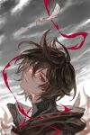  1boy ahoge bishounen black_shirt brown_hair cloud cloudy_sky commentary commentary_request energy expressionless feathers floating_clothes floating_hair from_side granblue_fantasy grey_sky hair_between_eyes head_tilt hood hood_down j999 light_frown looking_at_viewer magic male_focus messy_hair red_eyes sandalphon_(granblue_fantasy) shaft_look shirt short_hair sky solo_focus turtleneck upper_body white_feathers 