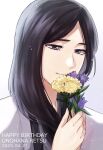  1046sstep_btoh 1girl black_hair bleach blue_eyes character_name dated english_text flower highres holding holding_flower long_hair portrait purple_flower simple_background solo unohana_retsu watermark white_background yellow_flower 