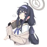  1girl ahoge bags_under_eyes black_hair blue_archive blue_eyes book cardigan hair_between_eyes hairband halo highres kilabo long_hair school_uniform serafuku sidelocks simple_background ui_(blue_archive) white_background 