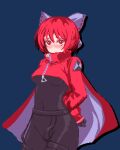  1girl adapted_costume akatsuki_records black_bodysuit black_gloves blue_background blue_bow blush bodysuit bow breasts cape covered_navel cowboy_shot embarrassed gloves hair_bow long_sleeves nose_blush nukekip pixel_art puffy_sleeves red_cape red_eyes red_hair rock_&#039;n&#039;_rock_&#039;n&#039;_beat sekibanki simple_background small_breasts solo touhou two-sided_cape two-sided_fabric white_cape 