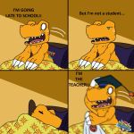 agumon agumon_expert anthro bandai_namco bed bedding blanket comic digimon digimon_(species) english_text furniture humor male shocked_expression sleeping solo text tzoe611 waking_up yellow_body