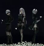 1boy 2b_(nier:automata) 2girls 9s_(nier:automata) a2_(nier:automata) android bare_shoulders black_background black_blindfold black_dress black_gloves black_hairband blindfold blue_eyes breasts clothing_cutout commentary covered_eyes dress elbow_gloves english_commentary flower gloves hairband highres holding holding_flower joints juliet_sleeves large_breasts long_hair long_sleeves looking_up multiple_girls nier:automata nier_(series) petals puffy_sleeves robot_joints short_hair shorts simple_background thighhighs viet_le_quoc white_flower white_hair 