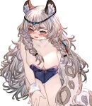  1girl animal_ear_fluff arknights blush braid breasts circlet grey_eyes grey_hair highres kochiya_(gothope) large_breasts leaning_forward leotard long_hair looking_to_the_side pramanix_(arknights) snow_leopard_ears snow_leopard_girl snow_leopard_tail solo strapless strapless_leotard twin_braids white_background wrist_cuffs 