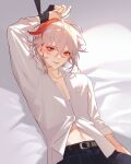  1boy alternate_costume arm_up bed_sheet belt blue_pants blush bound bound_wrists collared_shirt crossed_bangs english_commentary genshin_impact grey_hair hair_between_eyes hickey highres jesse_(pixiv34586727) kaedehara_kazuha looking_at_viewer lying male_focus multicolored_hair on_back on_bed pants red_eyes red_hair shirt solo streaked_hair sweat white_shirt 
