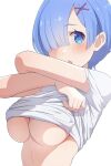  1girl :o blue_eyes blue_hair blunt_bangs breasts camui1104 hair_ornament hair_over_one_eye hands_up hashtag_only_commentary highres large_breasts looking_at_viewer re:zero_kara_hajimeru_isekai_seikatsu rem_(re:zero) shirt short_hair short_sleeves simple_background solo underboob undressing white_background white_shirt x_hair_ornament 