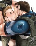  2boys bara black_gloves black_hair blue_shirt blush brown_hair bulletproof_vest chris_redfield couple facial_hair gloves green_jacket jacket kiss looking_at_another male_focus matoi-1228 multiple_boys muscular muscular_male piers_nivans resident_evil resident_evil_6 shirt short_hair yaoi 