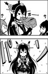  =_= ? akebono_(kantai_collection) bag blowing blush closed_eyes comic fang flower greyscale hair_flower hair_ornament headgear kantai_collection monochrome multiple_girls naganami_(kantai_collection) nagato_(kantai_collection) otoufu paper_bag popping translated 