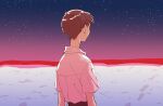  1boy beach black_hair collared_shirt facing_away footprints from_behind highres horizon ikari_shinji male_focus matsuko_(mrimri3) neon_genesis_evangelion night rebuild_of_evangelion red_ocean shirt sky solo star_(sky) starry_sky upper_body white_shirt 