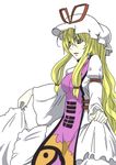  blonde_hair breasts dress hair_between_eyes hat hat_ribbon highres large_breasts long_hair long_sleeves mob_cap parted_lips ribbon simple_background skirt_hold solo tabard touhou upper_body very_long_hair volkies white_background yakumo_yukari yellow_eyes 