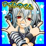  \m/ character_name chibi dog_tags double_\m/ gloves grey_hair grin headphones jewelry looking_at_viewer m@koto male_focus mascot mismatched_gloves naitou-kun nitro+_chiral nitroplus red_eyes ring silver_hair smile solo star 