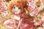  1girl branch brown_hair cherry_blossoms dress drill_hair gloves grass green_eyes highres idol_clothes idolmaster idolmaster_(classic) looking_at_viewer open_mouth outdoors pink_dress sitting smile solo takatsuki_yayoi twin_drills yaegashi_(yegs1227) 