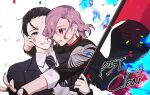  1boy 1girl black_gloves black_hair black_jacket blue_eyes blush collared_shirt confetti earrings elulit2 epaulettes erina_(p5t) fingerless_gloves flag gloves grin hair_over_one_eye hand_on_another&#039;s_cheek hand_on_another&#039;s_face holding holding_flag jacket jewelry kasukabe_toshiro long_sleeves looking_at_another necktie open_clothes open_jacket outstretched_arm persona persona_5 persona_5_tactica purple_hair red_eyes red_skirt shirt short_hair simple_background single_epaulette skirt smile striped_necktie upper_body white_background white_shirt wing_collar 