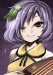  biwa_lute brown_eyes eighth_note hair_ornament harusame_(unmei_no_ikasumi) instrument lute_(instrument) musical_note purple_hair smile solo touhou tsukumo_benben upper_body 