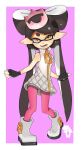  1girl black_gloves black_hair boots border bow-shaped_hair callie_(splatoon) commentary_request cosplay crown fingerless_gloves full_body gloves hayagon8850 highres inkling jacket knees_together_feet_apart long_hair looking_at_viewer open_mouth outside_border pantyhose pearl_(splatoon) pearl_(splatoon)_(cosplay) pink_pantyhose pointy_ears purple_background simple_background smile solo splatoon_(series) standing tentacle_hair thick_eyebrows very_long_hair white_border white_footwear white_jacket yellow_eyes zipper zipper_pull_tab 