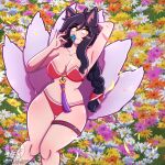 ahri_(lol) animal_humanoid black_body black_fur black_hair blue_flower braided_hair breasts canid canid_humanoid canine canine_humanoid cleavage clothed clothing collarbone female flower flower_field fox_humanoid fur hair humanoid jewelry lakashb12 league_of_legends long_nails mammal mammal_humanoid medium_breasts pale_skin plant pupils red_clothing red_underwear riot_games slim small_waist sniffing solo tail thick_thighs underwear white_body white_fur white_skin white_tail wide_hips yellow_eyes yellow_pupils