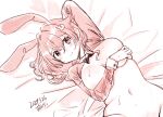  1girl animal_ears artist_name bed_sheet blush breasts closed_mouth dated fake_animal_ears groin hair_between_eyes hair_ornament jingei_(kancolle) kantai_collection kirisawa_juuzou large_breasts long_hair long_sleeves looking_at_viewer meme_attire monochrome navel rabbit_ears reverse_bunnysuit reverse_outfit sepia signature solo 