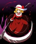  1girl absurdres aura black_background blonde_hair bow breasts collared_dress curly_hair dress drill_hair drill_sidelocks elly_(touhou) frilled_sleeves frills full_body gradient_background hat hat_bow highres holding holding_scythe juliet_sleeves long_sleeves medium_breasts neck_ribbon puffy_sleeves purple_background red_bow red_dress red_ribbon ribbon scythe sidelocks solo ssaf52913778 sun_hat touhou touhou_(pc-98) yellow_eyes 